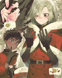 Rule 34 | 2boys, absurdres, bags under eyes, belt, biting, biting glove, black eyes, black gloves, black hair, blue eyes, blush, buttons, capelet, coat, curly hair, dark-skinned male, dark skin, dungeon meshi, elf, emoticon, fingerless gloves, fur-trimmed capelet, fur trim, gloves, grey hair, highres, kabru, lazy eye, long sleeves, male focus, maratang, mithrun, multiple boys, multiple views, notched ear, pointy ears, red capelet, red coat, santa costume, short hair, speech bubble, sweatdrop, uneven eyes