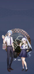 1boy 1girl aether_(genshin_impact) ayaka_(genshin_impact) bag belt black_shoes blue_eyes blue_hair blue_necktie brother_and_sister charm_(object) collared_shirt full_body genshin_impact highres kamisato_ayaka kamisato_ayaka_(heytea) kamisato_ayato kamisato_ayato_(heytea) loafers long_hair looking_at_viewer lumine_(genshin_impact) necktie official_alternate_costume official_art parted_lips pleated_skirt ponytail sailor_collar school_bag school_uniform shirt shoes siblings simple_background skirt smile socks standing taroumaru_(genshin_impact) white_shirt white_socks