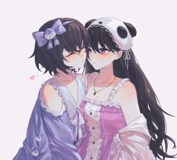 2girls bang_dream! bang_dream!_it&#039;s_mygo!!!!! bird blue_hairband blue_pajamas blush brown_hair buttons closed_eyes clothing_cutout collarbone commentary frills hair_ribbon hairband hat heart highres imminent_kiss jewelry long_hair looking_at_another mole mole_under_eye multiple_girls necklace nightcap pajamas panda penguin pink_pajamas purple_eyes ribbon shiina_taki short_hair shoulder_cutout simple_background single_off_shoulder takamatsu_tomori upper_body white_background yuri yvette_tears