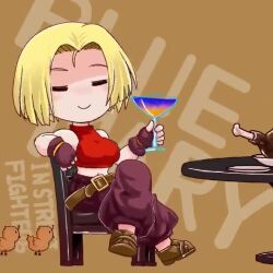 &gt;_&lt; 1girl animated blonde_hair blue_mary breasts chair chibi closed_eyes crossed_legs cup drink drinking drinking_glass fatal_fury fingerless_gloves food gloves large_breasts legs live2d meat midriff nami_haru navel o_o on_chair pants short_hair sitting smile snk table the_king_of_fighters thighs video