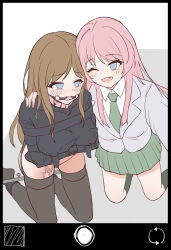 2girls ball_gag bang_dream! bang_dream!_it&#039;s_mygo!!!!! bdsm black_jacket black_thighhighs blue_eyes blush chihaya_anon chinese_commentary collar collared_shirt commentary_request fake_screenshot fang gag garter_straps green_necktie green_skirt green_socks grey_eyes grey_jacket hand_on_another&#039;s_shoulder haneoka_school_uniform highres jacket kneehighs long_hair looking_at_viewer multiple_girls nagasaki_soyo nameless_ark necktie one_eye_closed open_mouth pink_collar pink_hair pleated_skirt procreate_(medium) remote_control_vibrator school_uniform sex_toy shirt sidelocks skirt socks spreader_bar straitjacket thighhighs vibrator vibrator_in_thighhighs white_shirt yuri