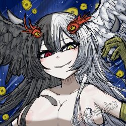 absurdres bird_girl bird_wings black_hair black_souls black_souls_2 black_wings blue_background breasts claws eyelashes feathered_wings hair_between_eyes hair_ornament half-harpy hand_up harpy head_wings heterochromia highres jubjub_(black_souls) light_blush long_hair long_sidelocks looking_at_viewer monster_girl multicolored_hair night night_sky nipples nude parted_lips pink_eyes profile_picture red_eyes sidelocks signature simple_background sky smile split-color_hair teeth twitter_username white_hair white_wings wings xun_lin_(pixiv_93392103) yellow_eyes
