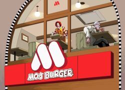 2boys betrayal black_pants booth_seating closed_mouth clown clown_boy coat colonel_sanders commentary_request eating fast_food full_body glasses holding holding_tray kfc lamp male_focus mcdonald&#039;s mos_burger multiple_boys opaque_glasses pants red_hair ronald_mcdonald shirt short_hair sitting smile standing table tray tsukumo_(soar99) white_coat white_hair window yellow_shirt