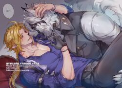 2boys animal_ears blonde_hair claws closed_mouth colored_tips commentary english_commentary furry furry_male hugo_vlad looking_at_another male_focus minoru_(minoru_uwutemp) multicolored_hair multiple_boys muscular muscular_male open_mouth pectorals pointy_ears ponytail smile speech_bubble tail von_lycaon wolf_boy wolf_ears wolf_tail yaoi zenless_zone_zero