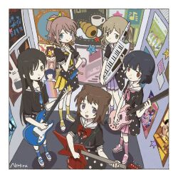 Rule 34 | 5girls, bang dream!, bass guitar, black hair, blonde hair, blue eyes, brown eyes, brown hair, commentary, drumsticks, fretless guitar, fretless instrument, green eyes, guitar, hair bun, hair ornament, hanazono tae, highres, holding, holding instrument, ichigaya arisa, instrument, juxtaposition, keyboard (instrument), long hair, looking at viewer, multiple girls, nihiru0513, open mouth, ponytail, poppin&#039;party, poster (object), purple eyes, red eyes, ribbon, short hair, smile, star (symbol), symbol-only commentary, toyama kasumi, twintails, ushigome rimi, yamabuki saya, yellow ribbon