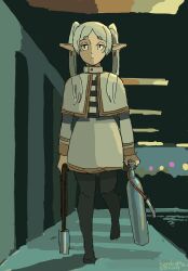 Rule 34 | 1girl, belt, black belt, black pantyhose, black shirt, capelet, dated, elf, expressionless, frieren, gas cylinder, gem, gold trim, gun, hallway, high collar, highres, holding, holding weapon, jacket, kanokoga, long hair, long pointy ears, night, no country for old men, no shoes, pantyhose, parted bangs, pointy ears, ponytail, red gemstone, scene reference, shade, shirt, shotgun, sketch, skirt, skirt set, solo, sousou no frieren, striped clothes, striped shirt, suppressor, walking, weapon, white capelet, white hair, white jacket, white shirt, white skirt