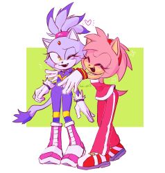2girls amy_rose amy_rose_(riders) animal_ears blaze_the_cat blaze_the_cat_(riders) blush boots cat_ears cat_girl cat_tail closed_eyes eyelashes fang fur-trimmed_gloves fur_trim furry furry_female gloves hairband heart highres jumpsuit kai_sh1 multiple_girls one_eye_closed pants pink_boots pink_fur pink_pants purple_fur purple_jumpsuit sonic_(series) sonic_riders sonic_riders:_zero_gravity sonic_riders_(series) sportswear tail topknot white_gloves