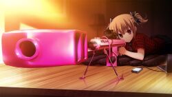 1girl aiming anti-materiel_rifle barrett_m82 bipod black_bow black_necktie black_skirt bow brown_hair cellphone closed_mouth computer concentrating cute_weapon foreshortening fumio_(ura_fmo) game_cg grisaia_(series) grisaia_no_rakuen gun hair_bow holding holding_gun holding_weapon indoors irisu_makina laptop large_variant_set lying necktie non-web_source official_art on_stomach phone plaid_clothes plaid_shirt pleated_skirt red_eyes red_shirt rifle scope shirt short_hair short_sleeves short_twintails skirt smartphone sniper_rifle solo twintails usb_cable variant_set weapon wooden_floor