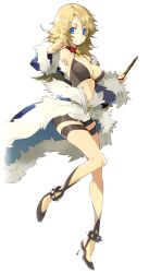 1girl black_footwear black_shorts black_tank_top blonde_hair blue_cape blue_eyes blue_sleeves breasts cape choker cleavage clenched_hand closed_mouth clothing_cutout detached_sleeves fingernails full_body fur-trimmed_cape fur-trimmed_sleeves fur_trim high_heels holding holding_stick kukicha large_variant_set long_hair looking_at_viewer medium_breasts official_art ragnarok:_guild_masters ragnarok_online red_choker short_shorts shorts simple_background smile solo stalker_(ragnarok_online) stick stomach_cutout tank_top transparent_background v-shaped_eyebrows variant_set waist_cape