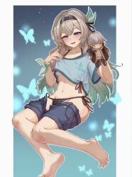 1girl absurdres barefoot black_bra black_hairband black_panties blush bra breasts bug butterfly caelus_(honkai:_star_rail) character_doll clothes_lift clothes_pull commentary denim denim_shorts firefly_(honkai:_star_rail) gradient_eyes green_hair grey_hair groin hair_between_eyes hair_ornament hairband highres honkai:_star_rail honkai_(series) insect lifting_own_clothes lips medium_breasts multicolored_eyes multicolored_hair nail_polish navel open_mouth panties rongqing shadow shirt_lift shorts shorts_pull simple_background smile soles solo stomach toenail_polish toenails toes trailblazer_(honkai:_star_rail) two-tone_hair unbuttoned underboob underwear