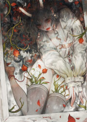 Rule 34 | 1girl, absurdres, artist name, black hair, blood, blood on hands, breasts, commentary, earrings, flower, highres, horns, jewelry, long hair, original, petals, seok98, solo
