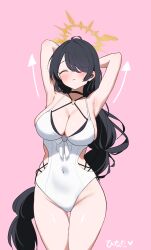 1girl absurdres armpits arms_behind_head black_hair blue_archive blush breasts cleavage closed_eyes closed_mouth covered_navel hair_over_one_eye halo highres hinata_(blue_archive) hinata_(swimsuit)_(blue_archive) large_breasts long_hair multi-tied_hair official_alternate_costume official_alternate_hairstyle one-piece_swimsuit oreothecream sidelocks solo swimsuit white_one-piece_swimsuit yellow_halo
