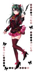 1girl absurdres anklet black_footwear black_jacket black_order_uniform closed_mouth d.gray-man earrings full_body green_hair hair_ribbon high_heels highres jacket jewelry layered_skirt lenalee_lee long_hair long_sleeves looking_at_viewer miniskirt pink_skirt pleated_skirt purple_eyes red_ribbon red_thighhighs ribbon sketch skirt smile solo standing thighhighs two_side_up usadapan1005 white_background zettai_ryouiki