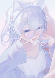 1girl :3 :d animal_ear_headphones animal_ears blush camisole cat_ear_headphones collarbone double_v eyebrows_hidden_by_hair eyes_visible_through_hair fake_animal_ears flat_chest frilled_camisole frills from_above glasses grey-framed_eyewear grey_background grey_eyes grey_jacket hair_between_eyes hands_up hashtag-only_commentary headphones heart heart-shaped_eyewear highres indie_virtual_youtuber jacket long_hair looking_at_viewer mooreroom nekomugi_tororo open_clothes open_jacket open_mouth simple_background sleeves_past_wrists smile solo twitter_username two_side_up upper_body v virtual_youtuber white_camisole white_hair