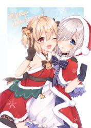 2girls absurdres ahoge arm_around_neck asymmetrical_bangs ayano_rika ayano_rika_(christmas_ver.) back_bow bare_shoulders bell black_bow black_bowtie black_choker black_collar black_gloves blonde_hair blue_background blue_bow blue_bowtie blue_eyes blue_gemstone blue_gloves blunt_bangs border bow bowtie bubble_skirt capelet chest_jewel choker christmas clenched_hand collar commentary_request cowboy_shot detached_collar dress english_text eyelashes frilled_capelet frilled_dress frills fur-trimmed_capelet fur-trimmed_dress fur-trimmed_headwear fur_trim gem gloves gold_armlet gradient_background grey_hair hair_bell hair_between_eyes hair_bow hair_ornament hair_over_one_eye halter_dress halterneck hand_on_another&#039;s_shoulder happy hat highres hug isuzu_ren isuzu_ren_(christmas_ver.) lace lace-trimmed_gloves lace_trim layered_dress magia_record:_mahou_shoujo_madoka_magica_gaiden mahou_shoujo_madoka_magica medium_hair merry_christmas mochiko_(uyu_omochi) multiple_girls neck_bell official_alternate_costume one_eye_closed open_mouth outside_border parted_lips pink_eyes pom_pom_(clothes) red_capelet red_dress red_gemstone red_hat santa_hat short_dress shy single_stripe skirt smile snowflake_print striped_bow striped_bowtie striped_clothes tareme tsurime two_side_up white_background white_border white_dress yuri