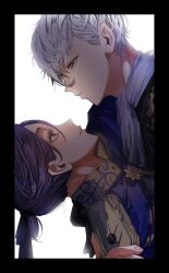 2boys alternate_costume bishounen black_border black_eyes blue_lock border closed_mouth colored_eyelashes commentary_request eyelashes highres looking_at_another male_focus mikage_reo multiple_boys nagi_seishirou naka_(58hrprtr) ponytail purple_eyes purple_hair short_hair simple_background white_background white_hair