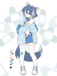 1boy animal_ears bandaid bandaid_on_face bandaid_on_leg blue_eyes blue_hair cat_ears highres indie_virtual_youtuber jacequilart nyaonix shark short_twintails stuffed_toy tenshi_kaiwai thighhighs trap twintails utau water_gun
