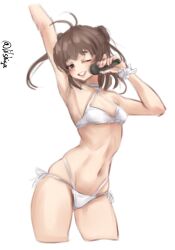 1girl antenna_hair arm_up armpits bikini breasts brown_eyes brown_hair cowboy_shot double_bun hair_bun highres holding holding_microphone kantai_collection lilshigu looking_at_viewer microphone multi-strapped_bikini_bottom naka_(kancolle) one-hour_drawing_challenge one_eye_closed parted_lips short_hair side-tie_bikini_bottom simple_background small_breasts solo swimsuit twitter_username white_background white_bikini