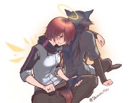 2girls angel animal_ears arknights black_hair blush commentary_request detached_wings embarrassed energy_wings exusiai_(arknights) eyes_visible_through_hair hair_brush halo jacket jewelry long_hair long_sleeves married multicolored_hair multiple_girls ornate_ring priestessshizuka red_hair ring short_hair tail brushing_tail texas_(arknights) twitter_username two-tone_hair wedding_ring white_background white_jacket wings wolf_ears wolf_girl wolf_tail yellow_eyes yuri