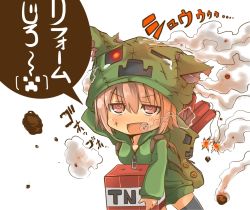 1girl breasts cleavage creeparka creeper dynamite dyson_(edaokunnsaikouya) dyson_giga_drain explosive fang female_focus fuse hood hoodie minecraft smoke solo thighhighs tnt tnt_block_(minecraft) torn_clothes