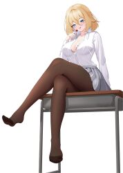 1girl blonde_hair blue_eyes blue_hair bra bra_peek breasts candy cleavage collarbone collared_shirt colored_inner_hair crossed_legs desk food grey_skirt hair_between_eyes highres holding holding_candy holding_food holding_lollipop kaneko_lumi lollipop multicolored_hair on_desk pantyhose partially_unbuttoned phase_connect saliva saliva_trail shirt sitting skirt solo toes tongue tongue_out twitter_username underwear virtual_youtuber white_background white_shirt wriskelis