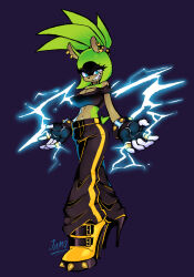 1girl aqua_eyes breasts choker cleavage curvy earrings female_focus full_body furry furry_female green_hair high_heel_sneakers high_heels jamoart jewelry large_breasts lightning long_hair narrow_waist solo sonic_(series) surge_the_tenrec tail teeth thick_thighs thighs