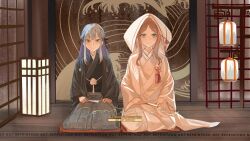 2girls bang_dream! bang_dream!_it&#039;s_mygo!!!!! black_kimono black_ribbon black_vs_white blue_eyes blue_hair bride brown_hair closed_mouth commentary_request commission cushion female_focus grey_skirt groom hair_ribbon hand_fan highres holding holding_fan hooded_kimono indoors japanese_clothes kimono lantern long_hair looking_at_viewer multiple_girls nagasaki_soyo paper_lantern ribbon riza_steer seiza shiromuku sitting skirt smile togawa_sakiko uchikake wataboushi wedding white_kimono wife_and_wife yellow_eyes yuri zabuton
