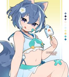 1boy animal_ears bandaid bandaid_on_face bandaid_on_leg blue_eyes blue_hair cat_boy cat_ears flower food hair_flower hair_ornament holding holding_food holding_popsicle indie_virtual_youtuber jacequilart midriff nyaonix popsicle sailor_collar short_twintails swimsuit trap twintails utau virtual_youtuber water_gun