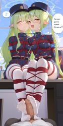 1boy 2girls :d absurdres alternate_language bdsm blue_archive blue_hat blue_jacket blue_skirt bondage bound censored closed_mouth cooperative_footjob desk english_text ffm_threesome footjob green_hair group_sex halo hat hetero highres hikari_(blue_archive) himitsu_(hi_mi_tsu_2) jacket long_hair mosaic_censoring multiple_girls musical_note no_shoes nozomi_(blue_archive) on_desk open_mouth pantyhose penis pointy_ears pov shibari sitting skirt smile spoken_musical_note teamwork_(sexual) threesome twintails two-footed_footjob very_long_hair white_pantyhose yellow_eyes