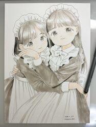 Rule 34 | 2girls, absurdres, apron, art tools in frame, artist name, blunt bangs, bow, brown dress, brown eyes, brown hair, closed mouth, dated, dot nose, dress, highres, hug, long hair, looking at viewer, maid, maid apron, maid headdress, multiple girls, nagomurasan, original, pastel (medium), photo (medium), short hair, signature, simple background, smile, traditional media, white background, white bow, white headdress