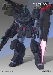 Rule 34 | aqua eyes, arm blade, clenched hand, commentary, commission, energy blade, english commentary, fusion, gun, gundam, gundam 08th ms team, gundam ez8, gundam side story: missing link, harryych, highres, holding, holding gun, holding weapon, mecha, mobile suit, no humans, pale rider (mobile suit), robot, science fiction, shield, shoulder cannon, solo, standing, weapon