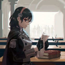 1girl blue_eyes blue_hair book byleth_(female)_(academy_uniform)_(fire_emblem) cape desk doorway female_byleth_(fire_emblem) fire_emblem fire_emblem:_three_houses garreg_mach_monastery_uniform gloves hairband inkwell nintendo official_alternate_costume paper quill silhouette solo_focus stup-jam upper_body