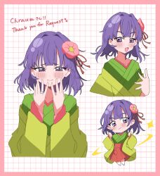 Rule 34 | 1girl, blunt bangs, chibi, commission, commissioner name, commissioner upload, flower, green kimono, hair flower, hair ornament, hakama, hakama skirt, hieda no akyuu, highres, japanese clothes, jewelry, kimono, purple eyes, purple hair, ring, skeb commission, skirt, soradango002, thank you, touhou, wedding ring, yellow kimono