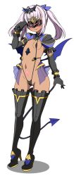 1girl black_gloves blush boots breasts corruption covered_erect_nipples dark-skinned_female dark_persona dark_skin demon_girl demon_tail demon_wings elbow_gloves frozen_gingasan full_body gloves gunslinger_stratos high_heels highres long_hair low_wings mask navel one-piece_swimsuit pink_hair pubic_tattoo purple_hair red_eyes rindou_shizune simple_background slave_gear slave_visor_(tsmg_nao!) slingshot_swimsuit small_breasts solo standing swimsuit tail tattoo thigh_boots thighhighs ts_magical_girl_nao twintails variant_set white_background wings