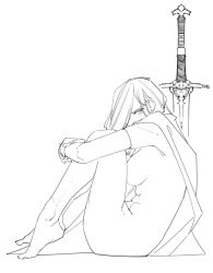 1girl abs breasts cape elbow_gloves feet fetal_position full_body gloves grey_background greyscale hair_over_one_eye harris_hero knees_to_chest large_breasts long_hair looking_at_viewer monochrome naked_cape original ribs serious simple_background sitting sketch skindentation solo sword toned weapon yuri_crimson