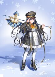 1girl absurdres ascot axe black_capelet black_hair black_hat black_shoes blue_eyes blush capelet closed_mouth collared_dress commentary_request dress full_body hat highres holding holding_axe ice_skates long_hair orange_ascot original pantyhose rissenka salute shoes skates smile snowflakes solo standing very_long_hair white_pantyhose