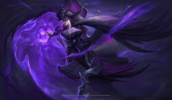 1girl absurdres black_dress black_wings casting_spell closed_mouth dress glowing glowing_eyes highres league_of_legends long_eyelashes long_hair magic morgana_(league_of_legends) outstretched_arm puffy_sleeves purple_background purple_dress purple_lips saturn_(satscarlet) solo wings