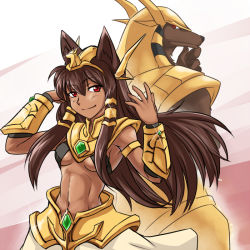 1boy 1girl abs animal_ears anubis_(mythology) armor back-to-back brown_hair dark_skin gender_request genderswap jackal_ears jackal_girl jewelry league_of_legends long_hair lots_of_jewelry nam_(valckiry) nasus personification red_eyes toned toned_female