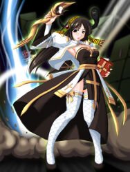 Rule 34 | 1girl, arch bishop (ragnarok online), black dress, black eyes, black hair, black shoes, book, breasts, cleavage, cleavage cutout, clothing cutout, commentary request, cross, dress, fishnet thighhighs, fishnets, frilled thighhighs, frills, full body, green hairband, hairband, holding, holding book, holding staff, juliet sleeves, long hair, long sleeves, looking at viewer, medium breasts, open mouth, puffy sleeves, ragnarok online, sash, shoes, solo, staff, standing, tatsumi ray, thighhighs, two-tone dress, white dress, white thighhighs, yellow sash