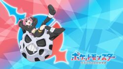 Rule 34 | 1girl, 1other, :3, asymmetrical legwear, belt, black eyes, black pantyhose, black shirt, black shoes, black skirt, breasts, coral (pokemon), eyeliner, fang, full body, gen 3 pokemon, glalie, hair ornament, happy, highres, horns, logo, long hair, long sleeves, lying, makeup, nintendo, off-shoulder shirt, off shoulder, official art, one eye closed, open mouth, pantyhose, pink eyeliner, pink hair, pokemon, pokemon (anime), pokemon horizons, riding, riding pokemon, shirt, shoes, skirt, sleeping, sleeves past fingers, sleeves past wrists, smile, standing, twintails, two-tone background, wide hips, yellow belt