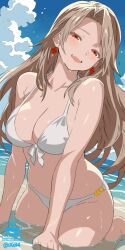 1girl bare_shoulders beach bikini blonde_hair blush breasts cleavage cloud cloudy_sky collarbone granblue_fantasy highres katalina_(granblue_fantasy) kneeling large_breasts long_hair looking_at_viewer ocean open_mouth red_eyes sand sitting sky solo swimsuit teeth upper_teeth_only very_long_hair wet white_bikini xel4