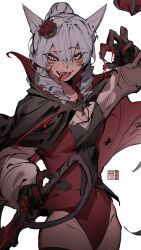 animal_ears artist_logo black_cape black_thighhighs black_vest blood blood_on_face blood_on_hands blood_on_tongue breasts cape claws cowboy_shot drill_hair english_text facial_mark fangs final_fantasy final_fantasy_xiv flying-frappuccino fox_ears fox_girl highres holding holding_sword holding_weapon leotard logo looking_ahead looking_at_viewer original pink_eyes red_cape red_leotard red_mage_(final_fantasy) red_vest simple_background slit_pupils small_breasts straight_hair sword teeth thighhighs tongue tongue_out twin_drills vest weapon whisker_markings white_background white_hair