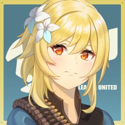 1girl acrylicstroke blonde_hair blue_shirt bullet bulletproof_vest closed_mouth commission commissioner_upload flower genshin_impact hair_flower hair_ornament highres looking_at_viewer lumine_(genshin_impact) medium_hair non-web_source orange_eyes shirt solo team_fortress_2 upper_body white_flower