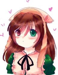 Rule 34 | 1girl, 2000s (style), blush, brown hair, closed mouth, dress, expressionless, frilled dress, frills, gothic lolita, green dress, green eyes, headscarf, heterochromia, lace, lolita fashion, looking at viewer, red eyes, rozen maiden, suiseiseki, white background, yunarukami