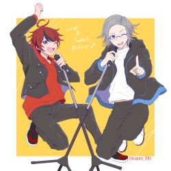 2boys ahoge aotsuki_eito arm_up black_jacket black_pants blue_eyes border catchphrase cropped_jacket drawstring glasses grey_hair highres holding holding_microphone hood hoodie jacket jacket_over_hoodie jumping looking_at_viewer male_focus microphone microphone_stand multicolored_hair multiple_boys nanohana_(33matsu_96) official_alternate_costume one_eye_closed pants pointing pointing_at_viewer red_hair red_hoodie shirt short_hair simple_background smile streaked_hair sumino_takumi the_hundred_line_-last_defense_academy- tower_records white_border white_shirt yellow_background
