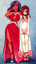 1boy 1girl ankle_strap arm_around_shoulder black_hair black_lips blush collar colored_skin crossdressing demon_girl dress embarrassed femdom full_body hand_on_another&#039;s_shoulder high_heels horns leash lips lipstick long_hair looking_down makeup my_pet_tentacle_monster myserra platform_footwear red_eyes red_hair red_skin sandals the_succubus_sub toeless_footwear toes trap