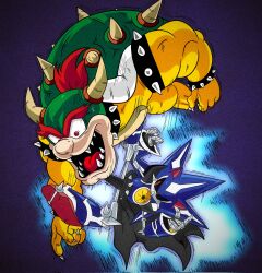 2boys bowser bracelet comic_panel_redraw crossover death_battle derivative_work dragon_ball dragonball_z emerald_zone_(artist) flying highres humanoid_robot jewelry kicking mario_(series) metal_sonic motion_lines multiple_boys neo_metal_sonic nintendo open_mouth red_eyes robot scene_reference sharp_teeth sonic_(series) spiked_bracelet spiked_shell spikes teeth turtle_shell wide-eyed