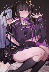 2girls black_dress black_hair black_sailor_collar black_serafuku black_shirt black_skirt black_socks blue_eyes blue_hairband blush chitose_(stella_sora) colored_inner_hair commentary dress female_tyrant_(stella_sora) grey_hair groping gsusart hairband heart highres kneehighs long_hair long_sleeves midriff mole mole_under_eye multicolored_hair multiple_girls neck_ribbon no_shoes one_eye_closed open_mouth pleated_skirt pointy_ears purple_eyes purple_hair purple_ribbon ribbon sailor_collar school_uniform serafuku shirt skirt socks stella_sora sweat trembling tyrant_(stella_sora) yuri