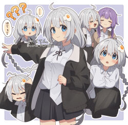 2girls :&gt; ? artist_name black_jacket black_skirt blue_eyes blush braid breasts brown_cardigan cardigan cheek-to-cheek chestnut_mouth closed_eyes collared_shirt commentary_request corn_kuten dressing egg_hair_ornament food-themed_hair_ornament grey_hair hair_ornament heads_together jacket kizuna_akari long_hair looking_at_viewer medium_breasts multiple_girls multiple_views open_mouth pleated_skirt purple_background purple_hair shirt shirt_partially_tucked_in short_hair sidelocks simple_background skirt smile translation_request twitter_username vocaloid voicevox white_background white_shirt yuzuki_yukari