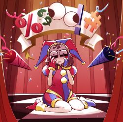 1girl absurdres brown_hair censored censored_text commentary curtains de_b0o english_commentary full_body hands_on_own_cheeks hands_on_own_face hat highres indoors jester jester_cap jester_costume jester_girl jester_outfit looking_at_viewer medium_hair parted_lips pomni_(the_amazing_digital_circus) sitting solo squiggle_eyes the_amazing_digital_circus